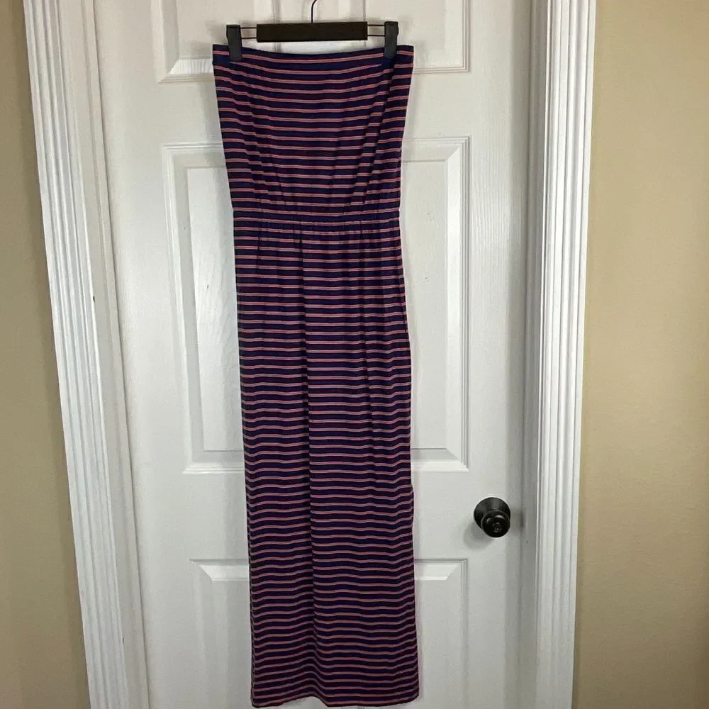Madewell Womens Sz XS Weekend Blue Striped Strapless Maxi Dress Elastic Waist T2 - Picture 2 of 11